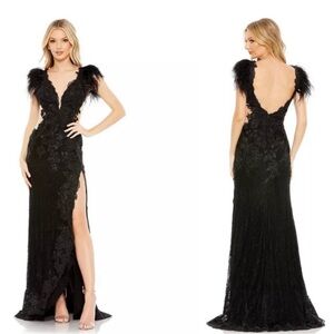 NWT Mac Duggal Feather Trim Floral Cutout Lace Gown #67782 Sz 10 $698